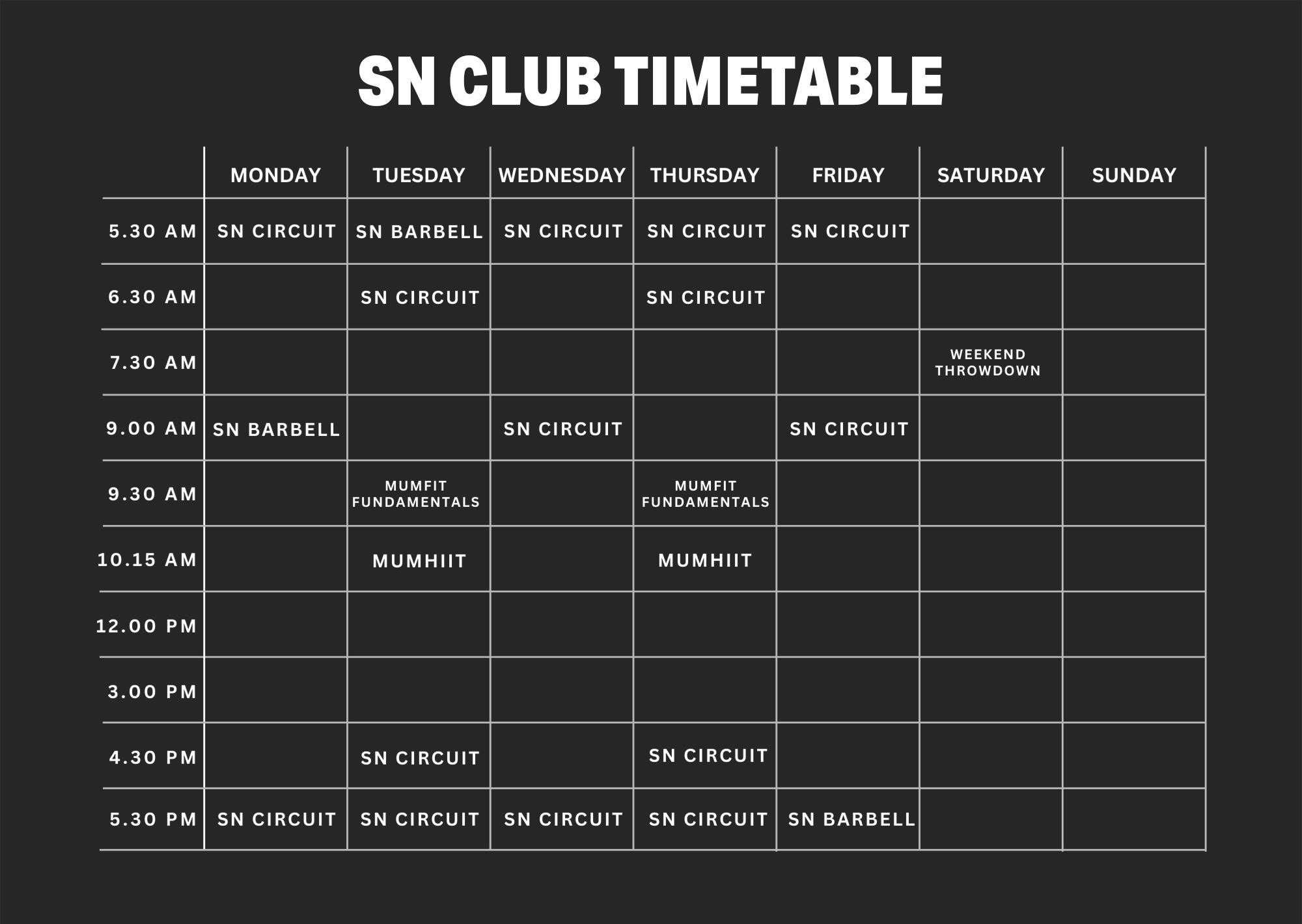 Cambridge SN Club Timetable